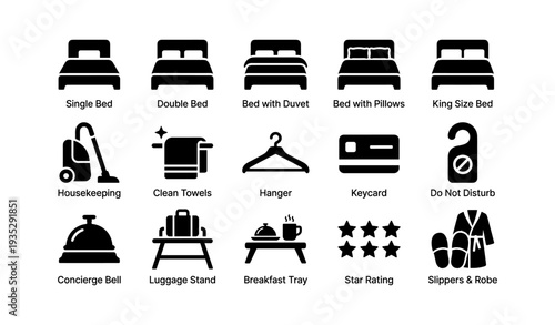 Hotel icons: beds, housekeeping, amenities, and services illustrations