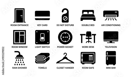 Hotel room amenities icons: bed, desk, shower, safe, fridge