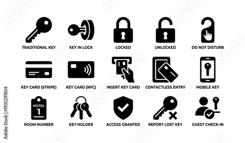 Set of 16 security icons: keys, locks, keycards, mobile access, and hotel symbols