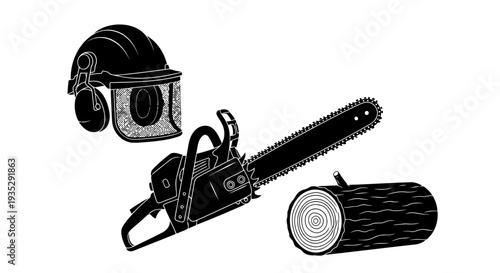 Professional Lumberjack Equipment Vector: Chainsaw with Wood Log and Safety Helmet Silhouette.