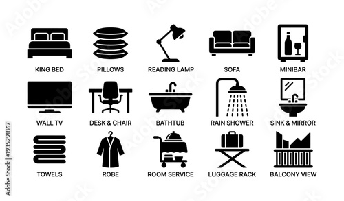 Hotel room amenities icons: bed, tv, lamp, minibar, and more