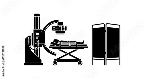 Medical Diagnostic Equipment Vector: Hospital X-Ray Machine with Patient on Stretcher and Screen Silhouette.