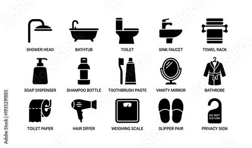 Bathroom essentials icons: showerhead, bathtub, toilet, vanity mirror, bathrobe, more