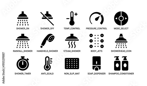 Shower control icons: temperature, pressure, modes, timers, accessories