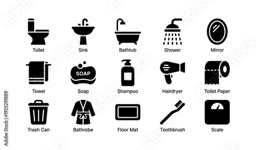 Bathroom essentials: toilets, sinks, showers, and more icons