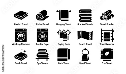 Laundry and bath icons: towels, machines, dryer, rack, warmer, spa, eco-friendly
