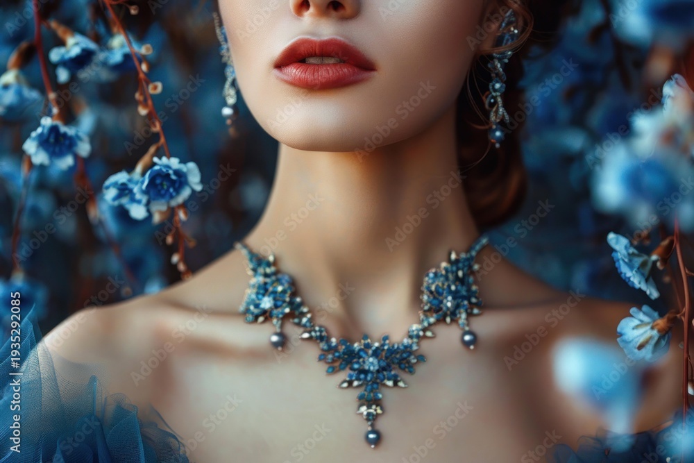 Fototapeta premium Close up portrait of a fashion model wearing blue jewelry and dress posing near blue flowers