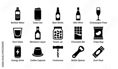 Various drink and snack icons including bottled water, beer bottle, chocolate bar, chips bag