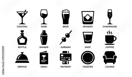 Icon set of drinkware and bar items: cocktail, wine, beer, whiskey, champagne, coffee