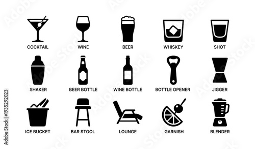 Various drinkware and bar tools icons collection