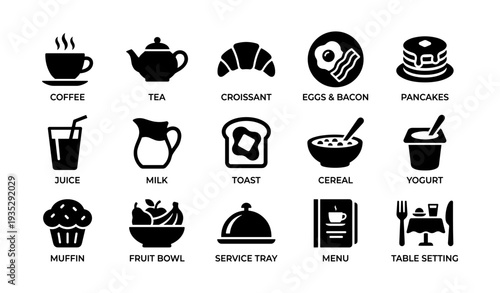 Breakfast icons: coffee, tea, croissant, eggs, pancakes, juice, milk, toast, cereal, yogurt