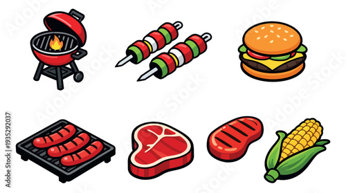 Colorful isometric grilling food set featuring a grill, hamburger, sausages, skewers, steak, and corn for summer outdoor cooking