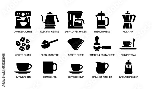 Coffee brewing tools and accessories icons: espresso, french press, moka pot, filters