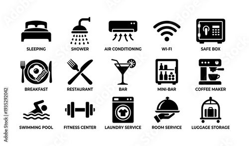 Hotel amenities icons: comfort, dining, fitness, and more services