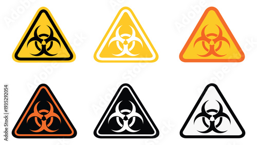 Graphic warning sign icons set featuring multiple color variations of triangular biohazard symbols for safety and health warnings