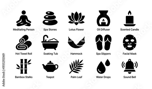 Spa icons set featuring meditation, relaxation, and wellness elements