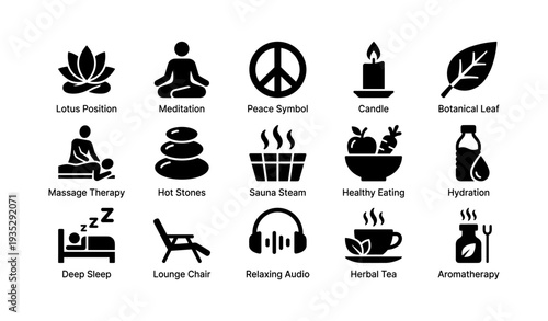 Wellness icons: meditation, peace, relaxation, health, hydration