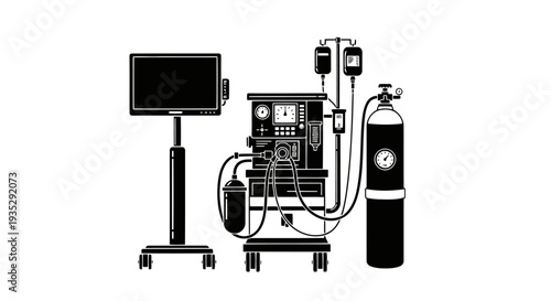 Advanced Medical Surgery Equipment Vector: Anaesthesia Machine with Oxygen Tank, Monitor, and IV Drip Silhouette.