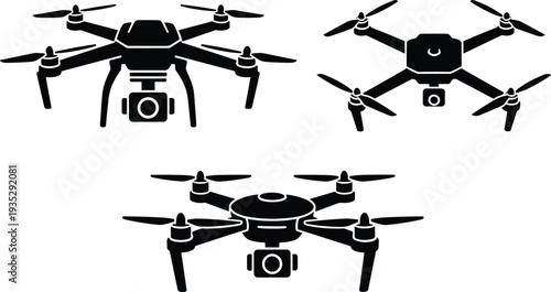 Set of Black Drone Silhouette Icons Isolated on White Background, Quadcopter UAV with Camera Vector Illustration Collection for Aerial Photography and Technology