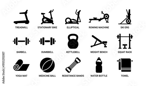 Gym equipment icons: treadmill, dumbbell, kettlebell, rowing machine, squat rack, yoga mat