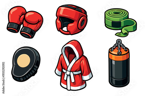 Cartoon style boxing equipment set featuring gloves, headguard, hand wrap, focus mitt, robe, and punching bag for combat sports