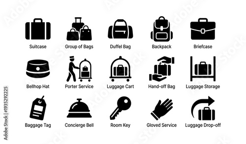 Set of luggage and travel icons: suitcase, backpack, duffel bag, porter, concierge, key