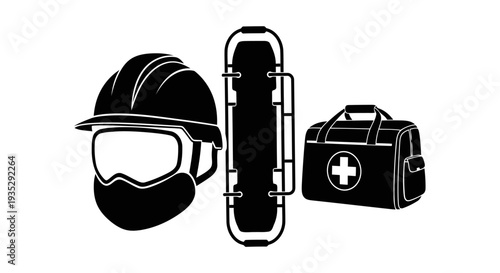 Industrial Emergency Rescue Equipment Vector: Safety Helmet with Goggles, Stretcher, and First Aid Kit Silhouette.