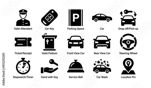 Valet service icons: car, key, parking space, attendant, timer