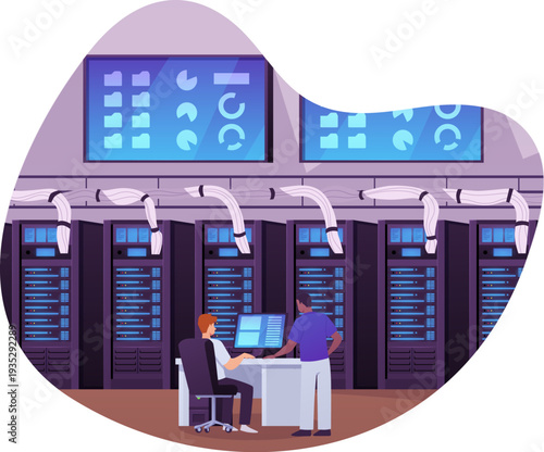 Big data control center, vector flat administrators using computers and analyzing graphs on screens in server room