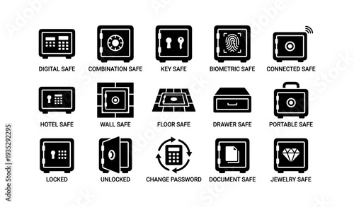 Variety of secure safes: digital, combination, biometric, and more icons