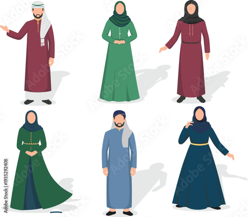 Collection of ten traditional Middle Eastern men and women in modest Islamic clothing, full body vector illustration set