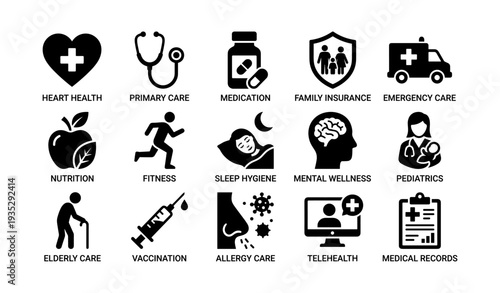 Healthcare icons set: heart health, primary care, medication, family insurance, pediatrics