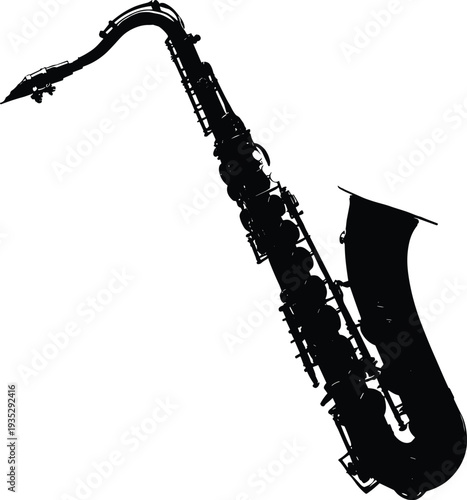 Black saxophone silhouette, jazz music instrument isolated on white background, classic brass wind instrument illustration, musical performance concept
