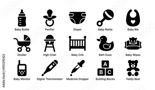 Essential baby supplies: bottles, diapers, rattles, strollers, bathtime