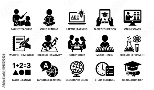 Education icons: teaching, reading, laptop, tablet, online learning, science, math, language, geography