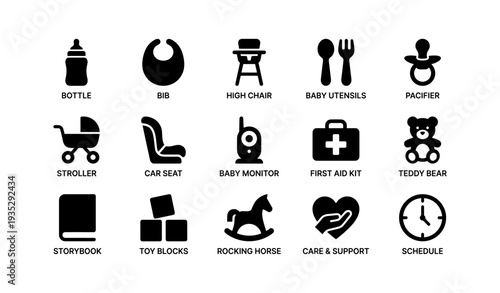 Essential baby items: high chair, stroller, pacifier, car seat, teddy bear, rocking horse