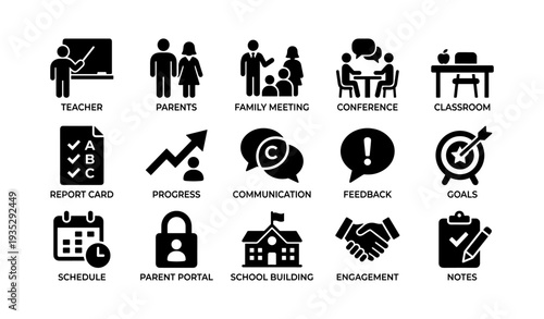 School communication icons: teacher, parents, meeting, classroom, feedback