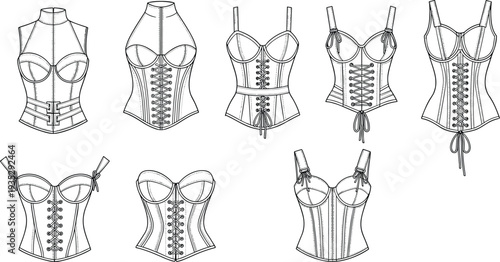 Corset lingerie technical drawing collection with lace up bodice designs, fashion apparel CAD flat vector illustration for garment design