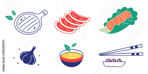 Flat Design Icons of Grilling Pan, Sliced Meat, Lettuce Wrap, Garlic, Soup Bowl, and Chopsticks