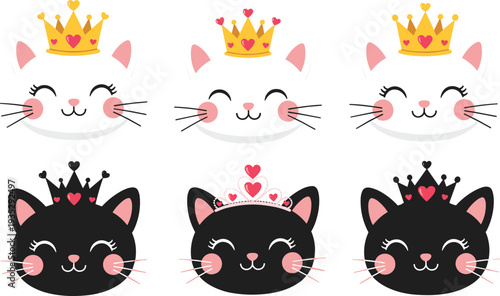 Cute cat princess collection featuring white and black kitten faces with golden crowns, pink hearts, and sweet smiles in a flat vector illustration.