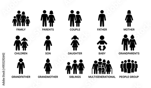 Family icons: parents, children, baby, grandparents, multigenerational groups