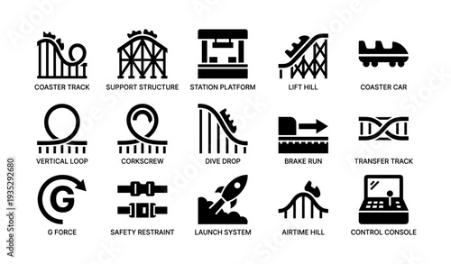 Roller coaster icon set: track, structure, and safety elements