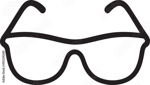 A minimalistic black line drawing depicts a pair of modern curved sunglasses isolated on a white background high quality professional detailed elegant