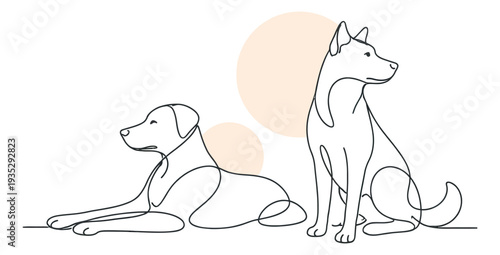 Minimalist continuous line art dog set featuring a sitting and a resting dog for pet related designs