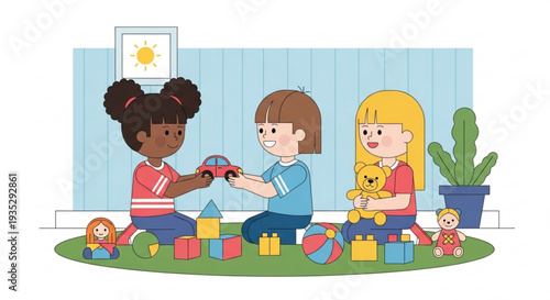 Three children playing together on the floor with toys and blocks in a room with a cactus
