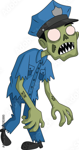 Cartoon zombie police officer with green skin, hollow eyes, sharp teeth, tattered blue uniform, badge cap, humorous horror character design for Halloween, fantasy, and spooky stock themes