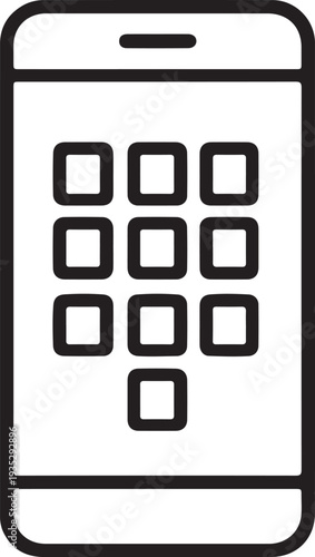 A simple black and white line drawing depicts a smartphone displaying a numeric keypad for passcode or pin entry high quality professional