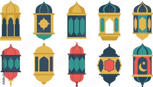 Colorful Ramadan lantern flat vector set, Islamic fanous icons collection, traditional Arabic decorative lamps for Eid Mubarak design