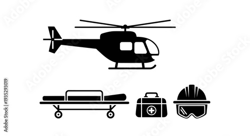 Emergency Air Medical Services Vector: Rescue Helicopter with Stretcher, First Aid Kit, and Safety Helmet Silhouette.