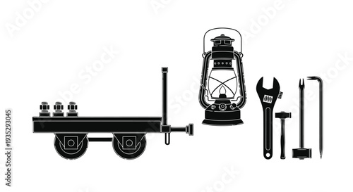 Railway Maintenance Equipment Vector: Flatbed Rail Trolley with Kerosene Lantern and Hand Tools Silhouette.